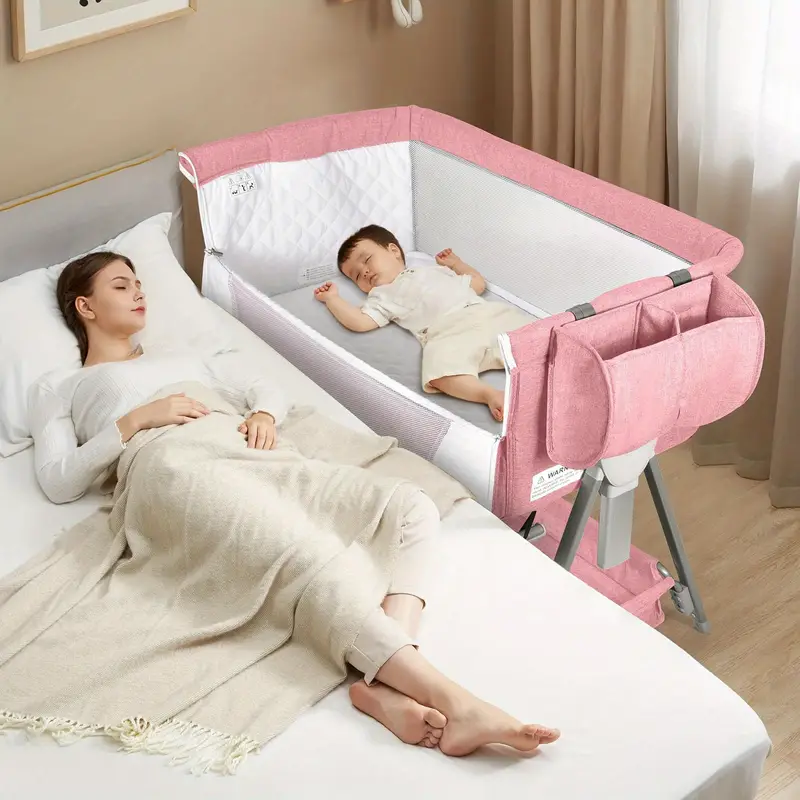 Cuna para bebé, Moisés junto a la cama para bebé, Cuna junto a la cama ajustable en altura con ruedas, Fácil de armar cuna portátil junto a la cama con gran bolsa de almacenamiento para recién nacidos
