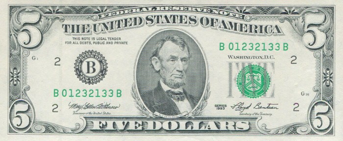 1993 5 Dollar Bill