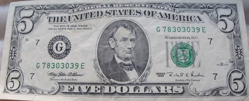 1995 5 Dollar Bill